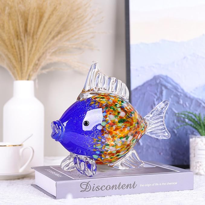 9.4 in Blown Colored Glass Fish Statue, Blue Glass Fish Paperweight Sculpture for Modern Home Decor, Living Room Coffee Table, Office Desk, Dining Table Centerpiece, and Window Display (G)