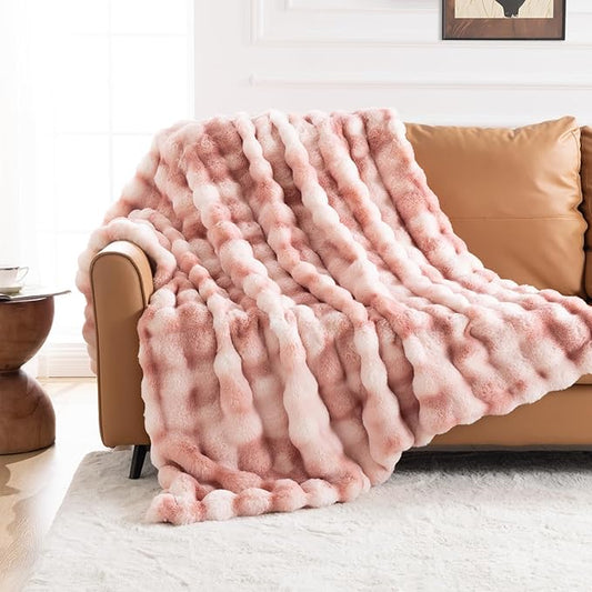 Cozy Faux Fur Throw Blanket for Couch-Warm Fuzzy Throw Blanket, Soft Plush Thick Bubble Blankets for Bedroom and Living Room, Furry Luxury Blanket, 50 x 60, Tie-Dye Pink