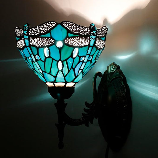 Tiffany Wall Sconce Lamp Blue Stained Glass Flower Style 8X10.5X11 Inch Plug in Wall Bedside Light for Hallway Bedroom (Green Blue Dragonfly Style)