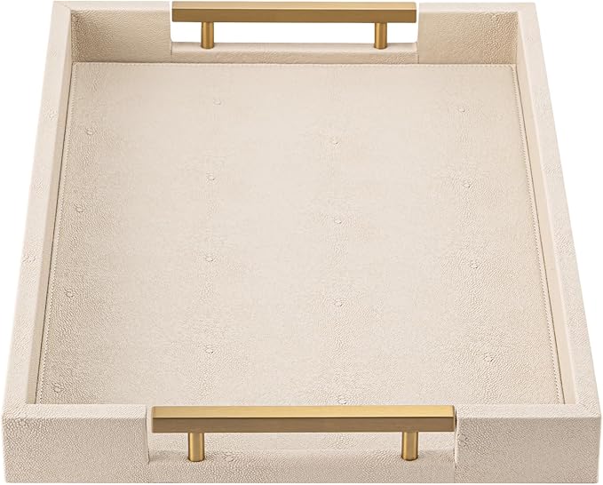 Beige Faux Leather Serving Tray with Handles – Large Decorative Tray for Coffee Table, Ottoman, Living Room, Bathroom – Home Decor