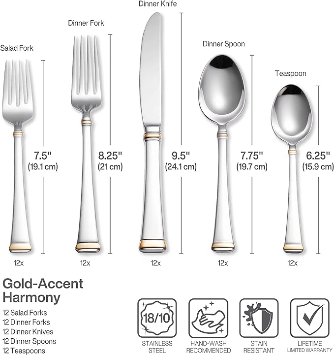Mikasa Gold Accent Harmony Flatware Set for 12, 65 Piece 18/10 Stainless Steel Silverware with Gold-Trimmed Handles and Serving Utensils, Elegant Dinnerware Service