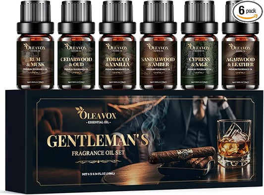 Men Essential Oils Gift Set, Premium Fragrance Oil for Diffusers for Home, Candle & Soap Scents,Agarwood & Leather,Tobacco & Vanilla, Sandalwood & Amber, Cypress & Sage, Rum & Musk,Cedarwood & Oud