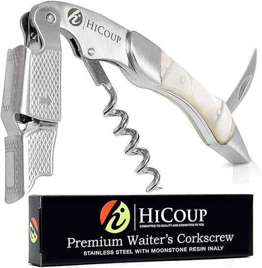 Hicoup Wine Opener - Professional Corkscrews for Wine Bottles w/Foil Cutter and Cap Remover - Manual Wine Key for Servers, Waiters, Bartenders and Home Use - Stainless Steel w/Moonstone Resin Inlay