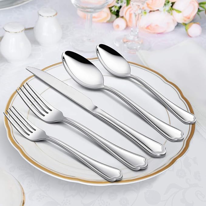 60-Piece Silverware Set, E-far Stainless Steel Flatware Cutlery Set Service for 12, Metal Tableware Eating Utensil Set, Dinner Knives/Forks/Spoons, Scalloped Edge & Mirror Polished - Dishwasher Safe