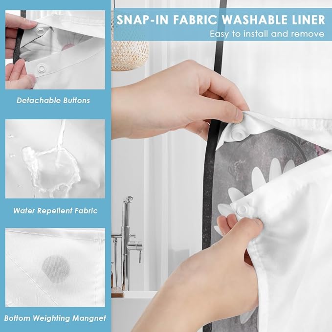 No Hook Pink White Daisy Butterfly Shower Curtain with Snap in Fabric Liner Set, Grey Farmhouse Double Layers Waterproof Fabric with See Through Top Window Open Grommet Bath Curtain 54x80 Inch