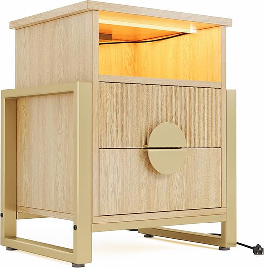 LGHM Large Fluted Nightstand with Charger Station Lights,20.47" W Night Stand with 2 Drawers,Accent Bedside Table and End Table,Semicylinder Drawer,Stable Raised Legs,Large Compartment,Natural Oak
