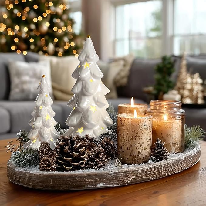 DN DECONATION Christmas Tree with Lights, Tabletop Xmas Trees with Star-Cutouts Leaves, 2Pcs White Prelit Ceramic Christmas Tree Figurines Holiday Centerpieces for Mantel & Shelves Decor