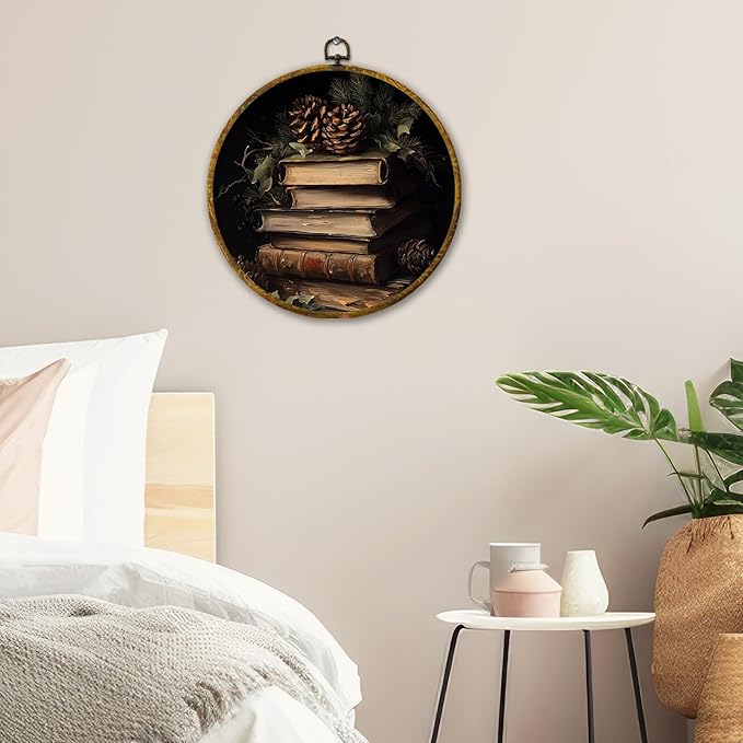 QZQE Rustic Christmas Round Wall Art Decor Framed, Vintage Christmas Pinecones Book Canvas Prints, Dark Academia Bookish Cottagecore Wall Hanging Decor for Library Reading Room Home, 10x10 Inch