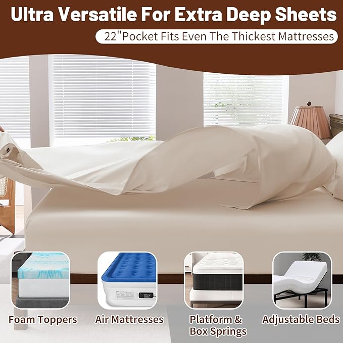 Extra Deep Pocket California King Sheets 18-24 Inch 100% Egyptian Cotton 1000 Thread Count Sateen Weave Soft Breathable 4 Pieces（California King,Linen）