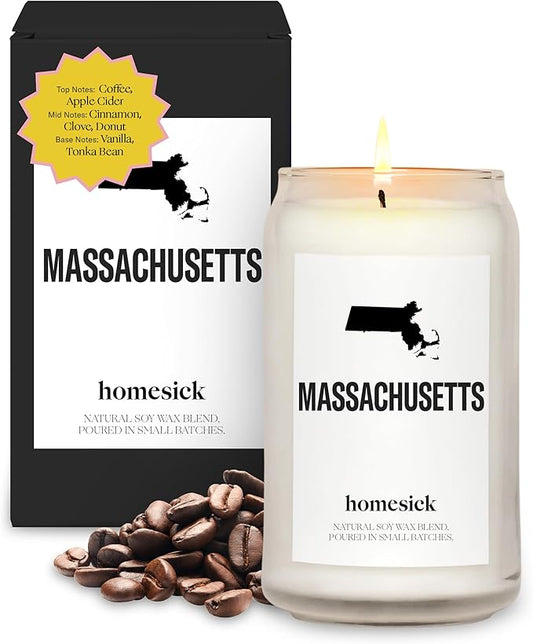 Homesick Scented Candles for Home (Massachusetts) - 13.75 oz Long-Lasting Soy Wax Jar Candle for Women & Men for All Occasions, 60-80 Hours Burn Time - Notes of Coffee & Apple Cider