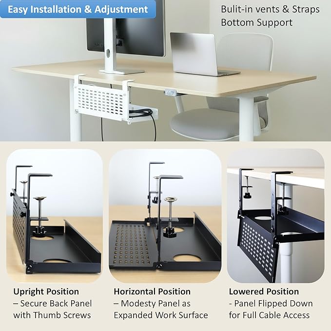AEONS Universal Under Desk Cable Management Tray-Clamp Mount Hinged Swing Modesty Panel Organizer for Office Desks Easy Access Flip-Down position Power Strip Cord Storage No-Drill 25 lb Capacity White