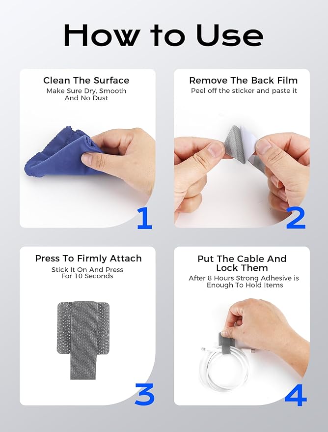 100pcs Hook and Loop Cable Ties, gliship Adhesive Wire Management, Adjustable Cable Straps Keeper Cord Holder, Sticky-back Cord Organizer for Kitchen Appliances, Office, Home - grey＆white