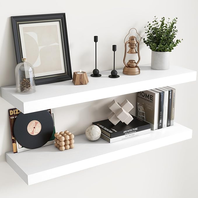 Floating Shelves for Wall with Invisible Brackets, Wall Mounted Engineered Wood Shelves with Wood Grain for Living Room, Bedroom, Bathroom, Kitchen Decor and Storage, Oak, 40"L Set of 2, White