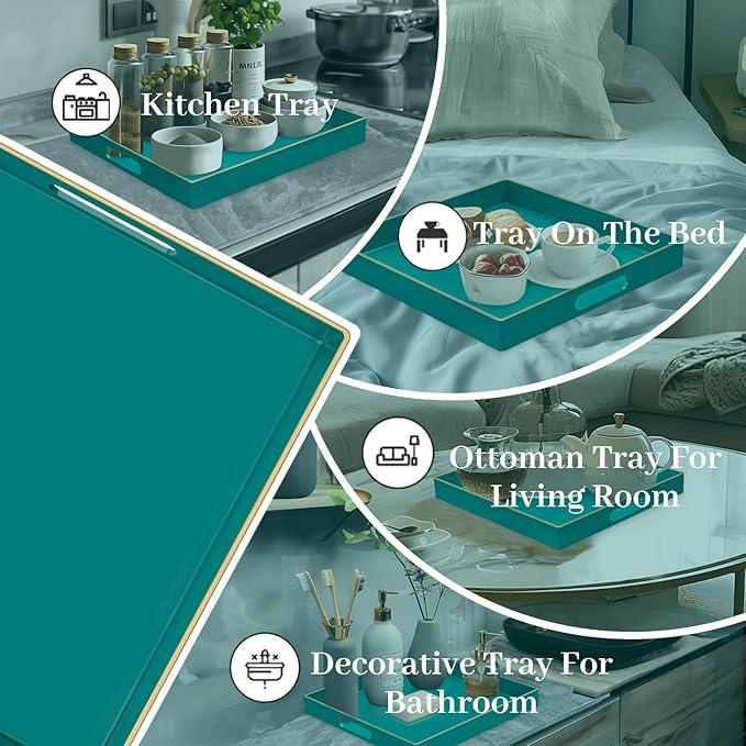 MAONAME Decorative Tray, Green Serving Tray with Handles, Coffee Table Tray, Square Plastic Tray for Ottoman, Bathroom, Kitchen, 13"x13"x1.57"