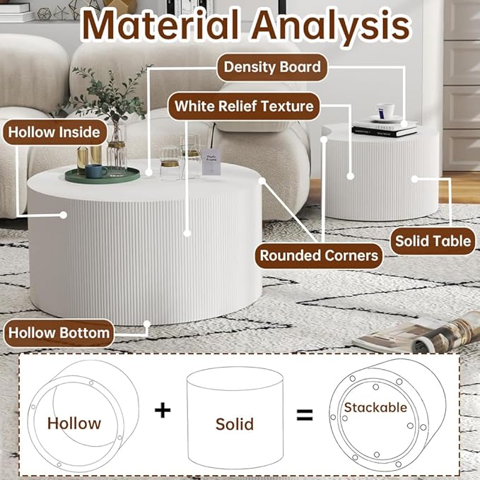 Round Nesting Coffee Table Set of 2 Modern Cream Fluted Coffee Table Small Round End Table Crescent Side Table Circular Coffee Tables Nested Coffee Tables for Living Room (Cream Large)