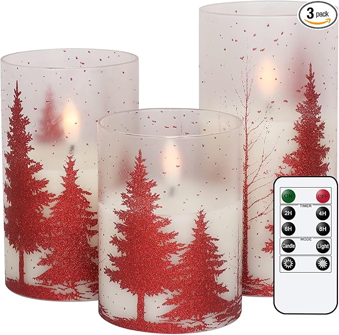 DRomance Christmas Tree Glass Flameless Candles with Remote Timer Battery Operated Real Wax 3D Wick LED Flickering Pillar Candles Christmas Holiday Decor(Red, 3 x 4,5,6 Inch)