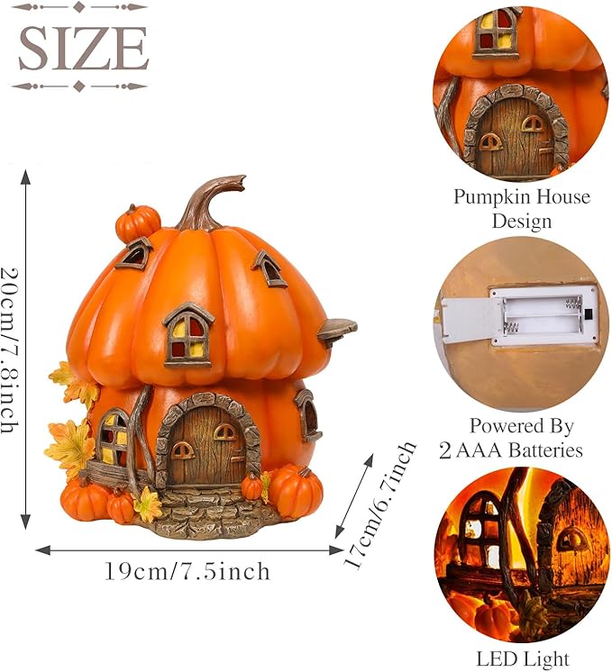 Yinns Fall Decorations for Home Porch, Pumpkin Fairy House Fall Decor, Autumn Harvest Decor with LED Light, Thanksgiving Gift
