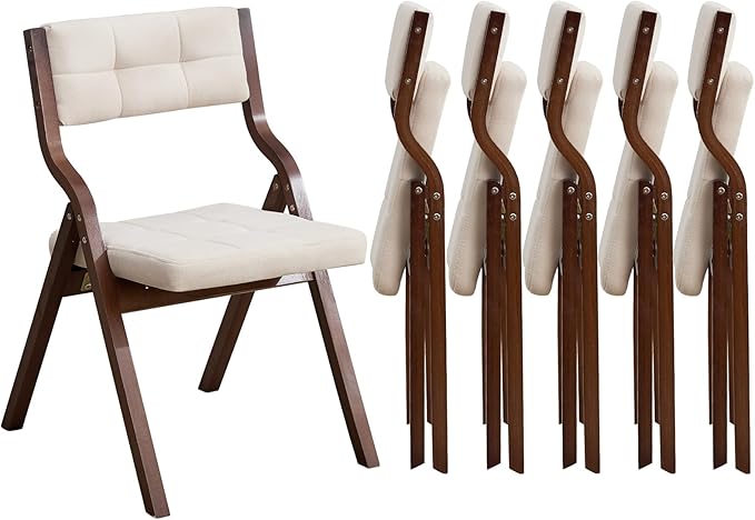 6-Pack Folding Dining Chairs with Cushion,Padded Foldable Dining Chairs,Portable Wooden Folding Chairs for Dining Rooms Kitchen Wedding and Party Indoor Walnut Beige