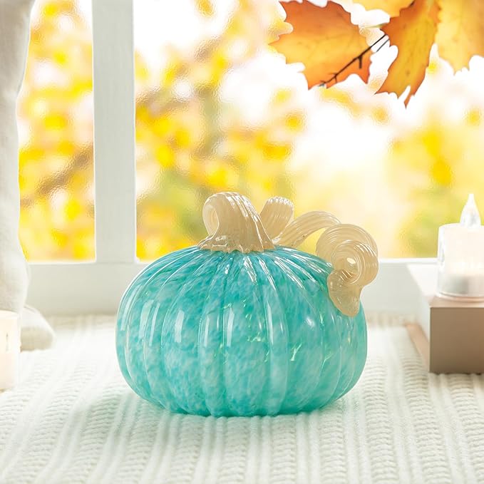 Glitzhome 6" D Round Turquoise Glass Pumpkin,Thanksgiving Glass Pumpkin Fall Pumpkin Glass Blown Pumpkin Table Decor Harvest Glass Pumpkin Figurine Glass Crafts for Fall Thanksgiving Halloween Decor