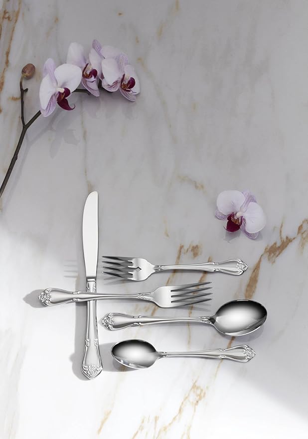 Oneida True Rose 45 Piece Everyday Flatware, Service for 8, 18/0 Stainless Steel, Silverware Set, Silver