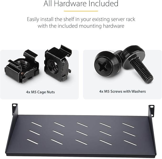 StarTech.com 1U Vented Server Rack Shelf, 12in/31.5cm Mounting Depth, for 19" Rack/Cabinet, SPCC Steel, Max 25lb/11.3kg