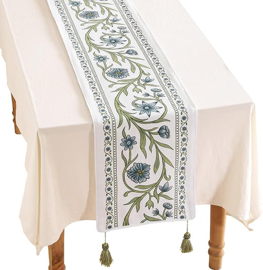 ISAENNE Designer Elegant Linen Table Runner 71 Inches Long,Vintage Blue Floral Pattern Decor Table Runners for Dining Tables,Kitchen Tables,Thanksgiving,Christmas,Banquet,12"*71"-Mosella E