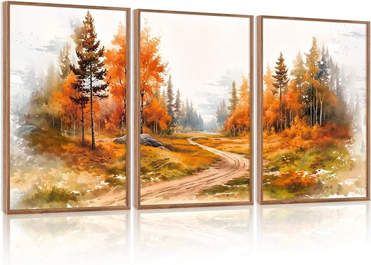 LHIUEM Rustic Autumn Landscape Canvas Wall Art set of 3(12”X16”)Maple Leaf Road Forest Framed Wall Decor,Retro Orange Fall Nature Scenery Vintage Thanksgiving Art Print for Office Living Room Bedroom