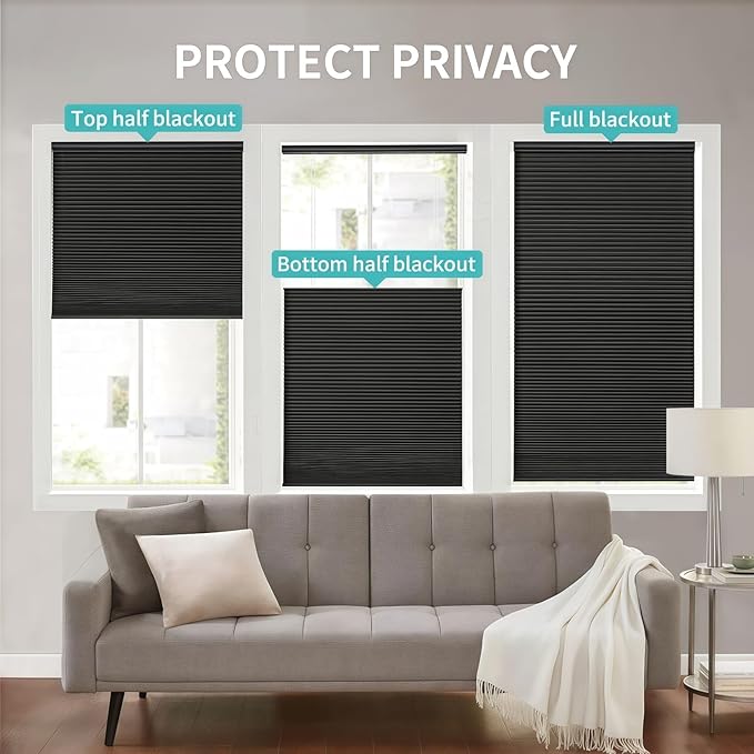 Joydeco No Tools No Drill Blinds for Indoor Windows, Cordless Window Blinds Cellular Shades Top Down Bottom Up Blackout Honeycomb Blinds Thermal Insulated Noise Reduction (Black, 31" W x 64" H)