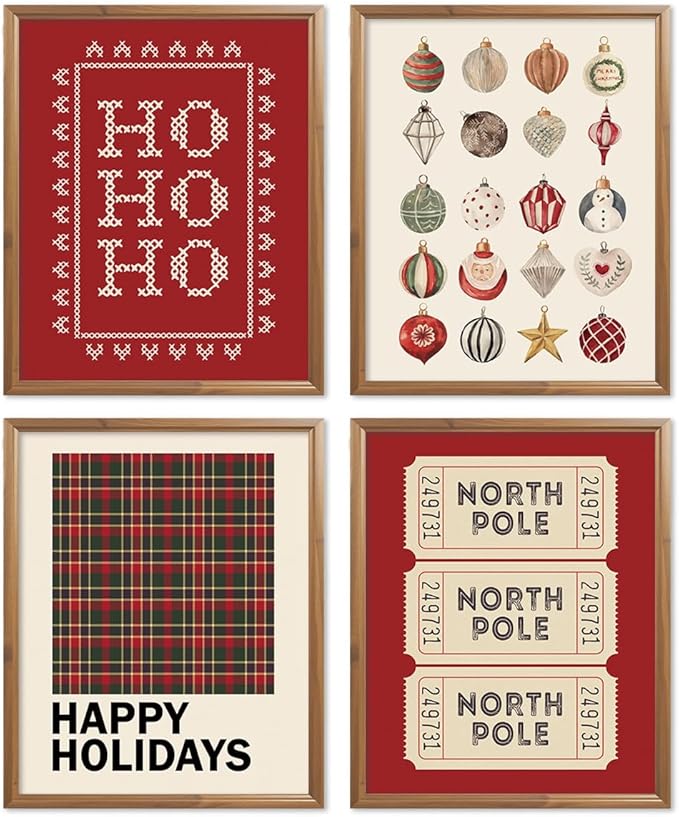 Wheatwin Christmas Wall Art Prints Set of 4, Trendy North Pole Wall Posters Aesthetic, Happy Holidays Winter Xmas Decor for Farmhouse Living Room Bedroom, 8x10 (Unframed)