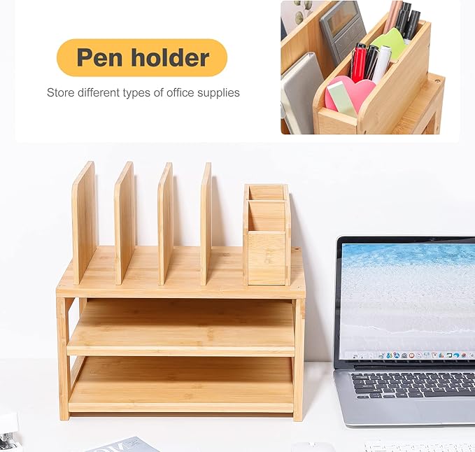 Homde Bamboo Desk Organizer with File Holder, Office Organization for Desks with Adjustable Pen Holding, Desktop Letter Paper Tray Storage for Workplace Home School (3-Tier,Natural)