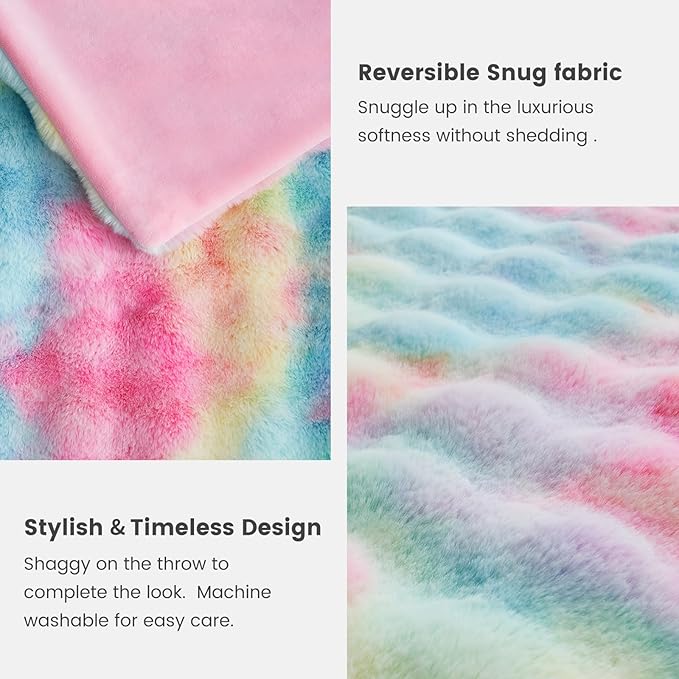 Cozy Bliss Faux Fur Throw Blanket for Couch, Bubble Plush Blanket King Size, Fuzzy Soft & Thick Blanket for Bed Sofa Living Room, 108x90 Inches Tie-dye Rainbow