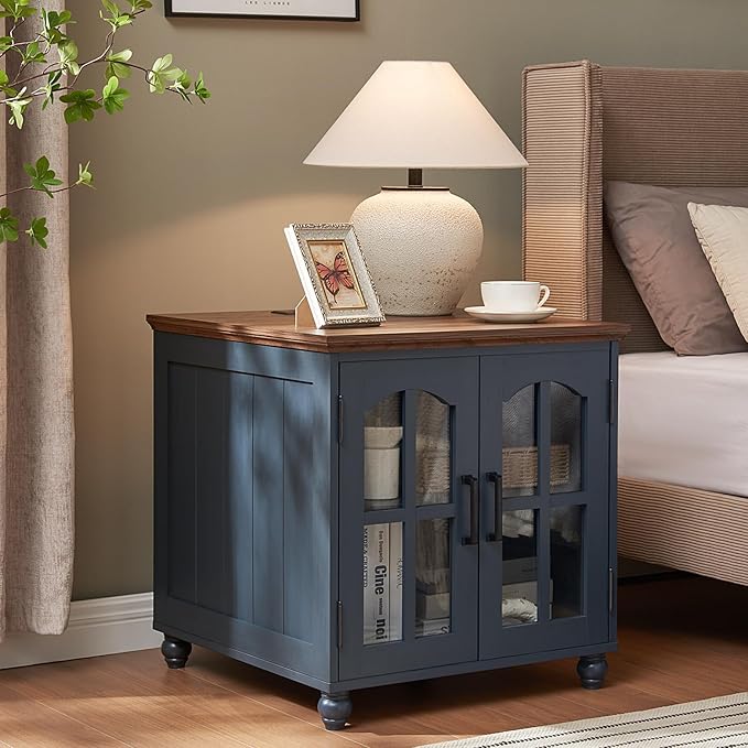 Farmhouse 24" End Table Set of 2 with Charging Station, Large Sofa Side Table with Glass Barn Door,Wood Night Stand with Adjustable Storage Shelf,Square Bedside Table for Living Room,Bedroom