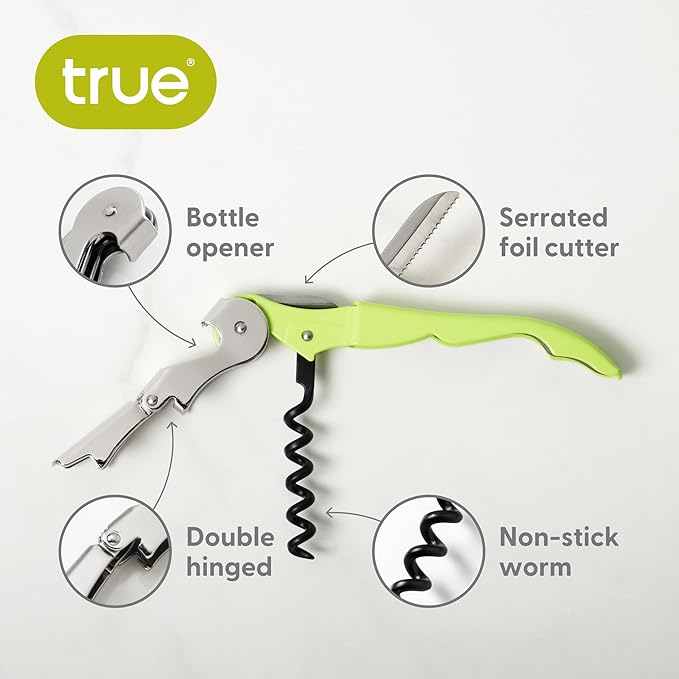 True Truetap Double Hinged Waiter's Corkscrew Wine Opener, Stainless Steel Wine Bottle Opener with Built In Foil Cutter, Home Bar Tools, Bar Cart Accessories, Wedding Gifts, Set of 1, Lime Green