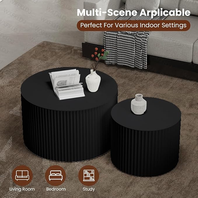 Nesting Coffee Table Set of 2 Modern Round Coffee Table with Non-Slip Feet Wood Drum Circle Accent Tables End Table Set for Living Room Bedroom Office (Black Round Set)