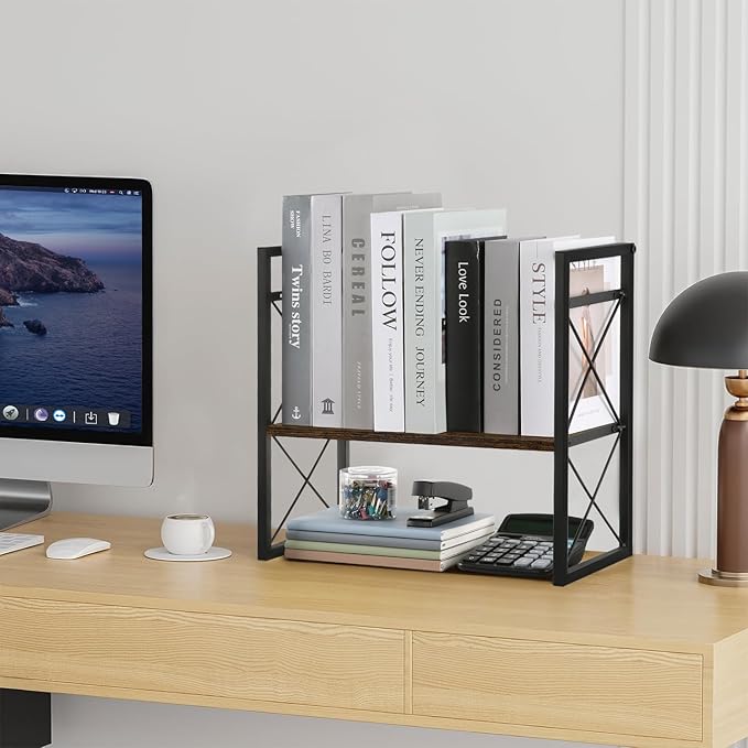 YINMIT Desktop Shelf Organizer, 2 Tier Office Shelves, Wood Desk Organizer Storage Rack and Freestanding Display Shelf for Office, Dormitory, Home