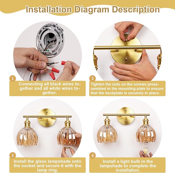 Vintage Bathroom Light Fixtures,2-Light Hardwired Vanity Lights Over Mirror,Gold Wall Sconces with Clear Tulip Glass Shade for Bathroom Living Room,E26 Socket(Bulbs Not Included)