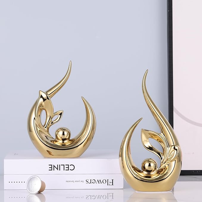 9.4" H Bright Gold Abstract Sculptures Home Decor, Ceramic Art Statue Cool Stuff to Put on Shelves&tv Stand Decor, Gold Accent Entertainment Center, for Fireplace Coffee Table Dining Table Decorate