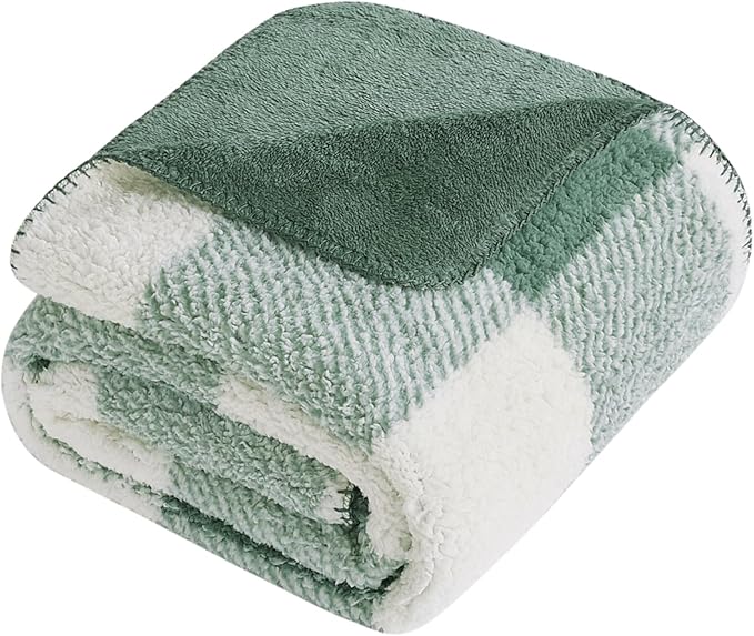 LURKA Checkered Sherpa Fleece Throw Blanket - Extra Thick and Warm Winter Soft Fuzzy Plush Blanket for Couches, Beds & Pets, Sage, 50x60 Inches