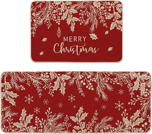 Artoid Mode Holly Pine Branches Leaves Merry Christmas Kitchen Mats Set of 2, Winter Decor Low-Profile Kitchen Rugs for Floor - 24x35 and 24x59 Inch