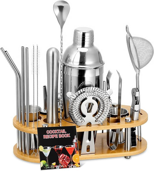 Bartender Kit, 23 Piece Professional Cocktail Shaker Set with Stand Shaker Spoon Jiggers Cocksrew, All Essential Bar Tools Accessories for Home Bar Mixology Drink Mixing, Gift, Stainless Steel