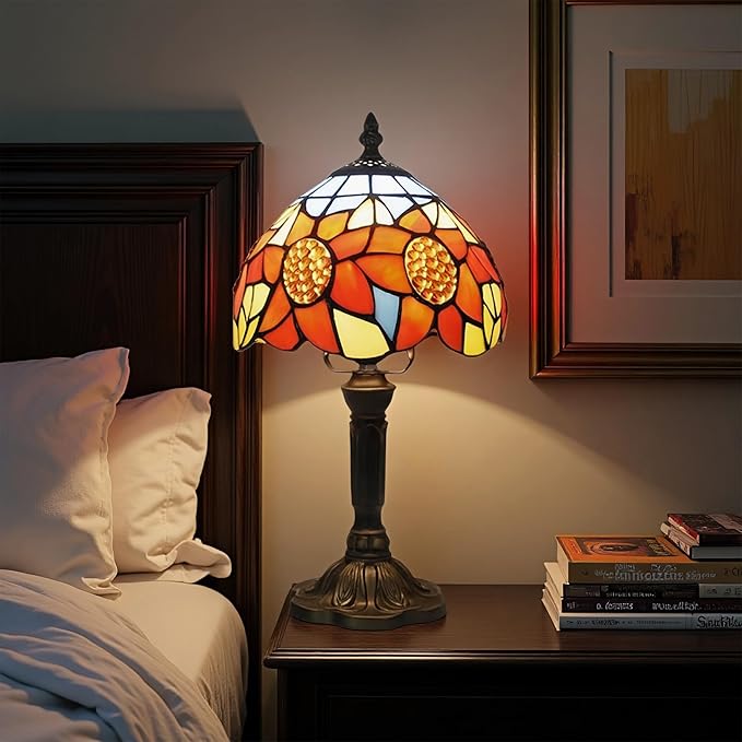 Tiffany Table Lamp Sunflower Stained Glass Lamp,8" Small Tiffany Lamp for Living Room Home,Bedroom Bedside Vintage Lamp for Office Dorm Bar Decor Gift,Included LED Bulb