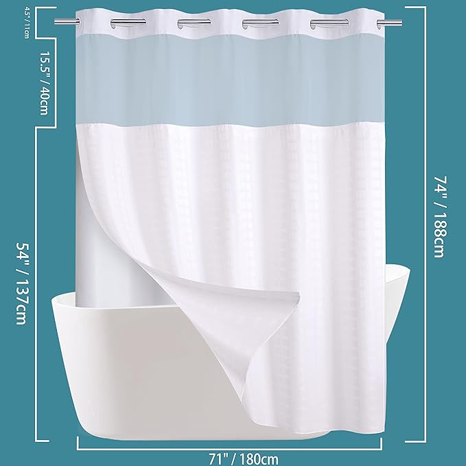 Conbo Mio No Hook Shower Curtain with Snap in Liner Set, Hotel Luxury White Shower Curtains for Bathroom with See Through Top Window, Waterproof, Washable 71W x 74H