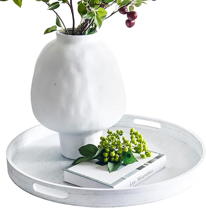 Round Decorative Tray, Extra Large Wooden Serving Tray with Handles, 11.8in White Decorative Trays for Coffee Table,Kitchen Counter,bandejas decorativas