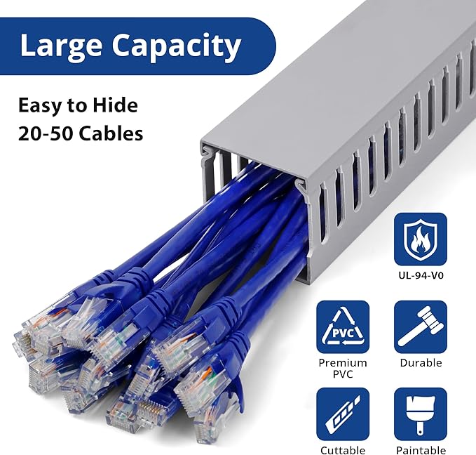 ZhiYo H2 x W2.4in Professional Server Rack Cable Management Raceway, 95in(4X L23.6in) Cable Raceway Kit, Electrically Safe PVC, Open Slot Wire Cord Hider for Under Desk/Computer/Network Cords