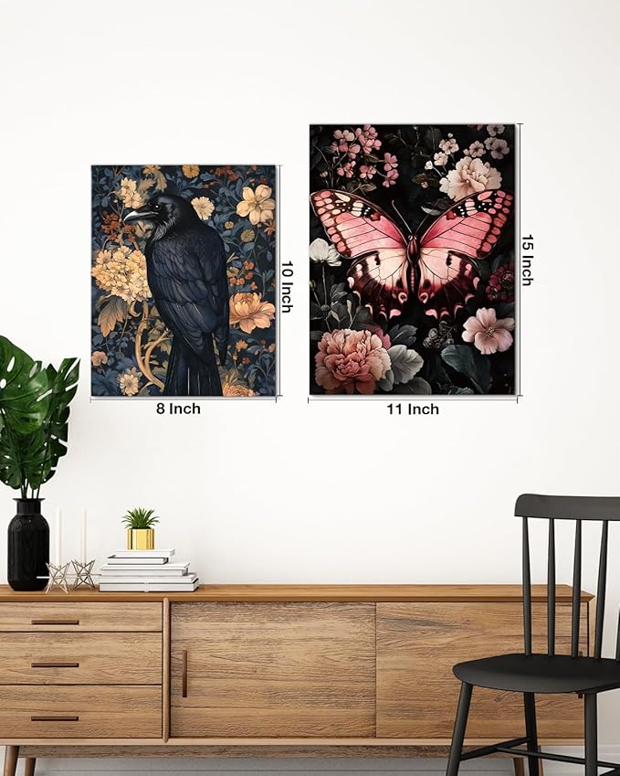 Aesthetic Raven Floral Wall Art Decor Vintage Raven Cottagecore Canvas Print Poster Dark Academia Framed Painting Wall Decoration for Home Farmhouse Living Room Bedroom 8x10 Inch