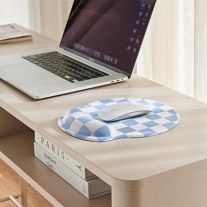 Blue Checkered Mouse Pad with Gel Wrist Rest, Wrist Support, Ergonomic Desk Accessories for Women, Office Laptop Gaming Decor, Cute Aesthetic Trendy Check Design