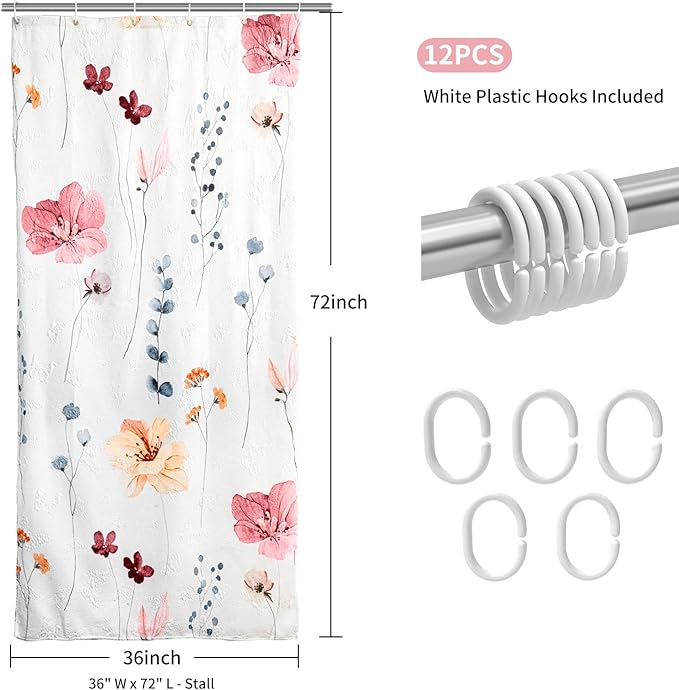 QiyI Small Stall Shower Curtain 36 x 72, Narrow Half Watercolor Floral Bath Curtain, 3D Embossed Peach Pink Flower Cloth Bathroom Curtain, Waterproof Fabric White Shower Curtain Set with Hooks