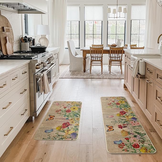 Artoid Mode Wood Flowers Butterfly Spring Kitchen Mats Set of 2, Seasonal Home Decor Leaves Low-Profile Kitchen Rugs for Floor - 17x29 and 17x47 Inch
