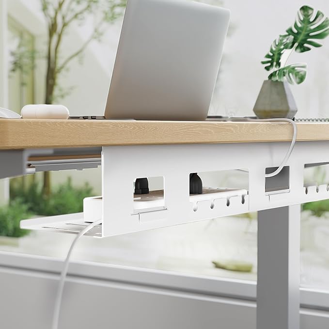 Under Desk Cable Management Tray, 31.5 Inches Metal Cord Organizer Rack, Desk Tray for Power Strip, Cord, Wire, Easy Mounting Cable Management Under Table for Home Office, White
