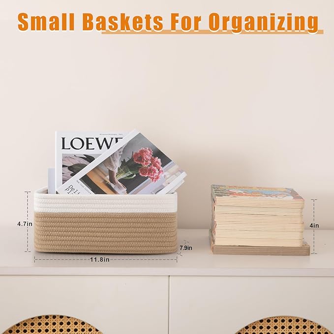 OIAHOMY 4 Pack Storage Baskets for Organizing, Small Bins for Shelves, Cute Decorative Storage Bins, Organizer Baskets for Gifts Empty, 11.8''Lx7.8''Wx4.7''H, Yellow/White